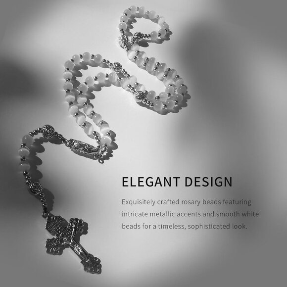 Catholic Rosary Necklace Women Men White Stone Stainless Steel Beads Cross - Picture 2 of 6